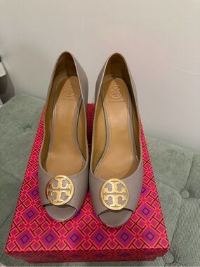 Tory Burch Taupe Peep-Toe Pumps with Gold Logo Medallion